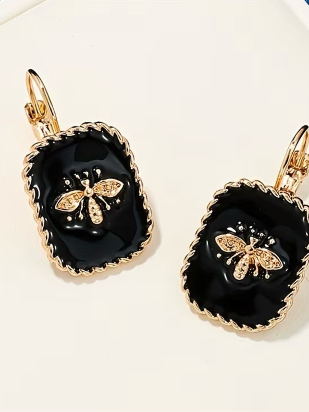 Gold-Tone Black Drip Glaze Bee Drop Earrings